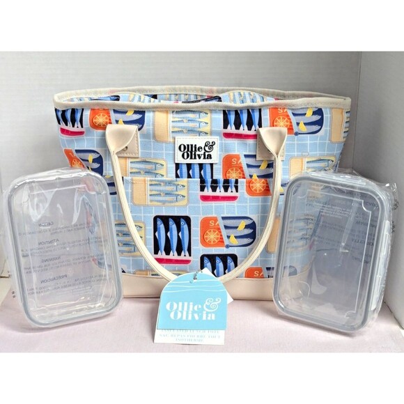 Ollie & Olivia Fish Pattern Insulated Lunch Box w/ 2 Containers Cream Blue Gift - Picture 1 of 10